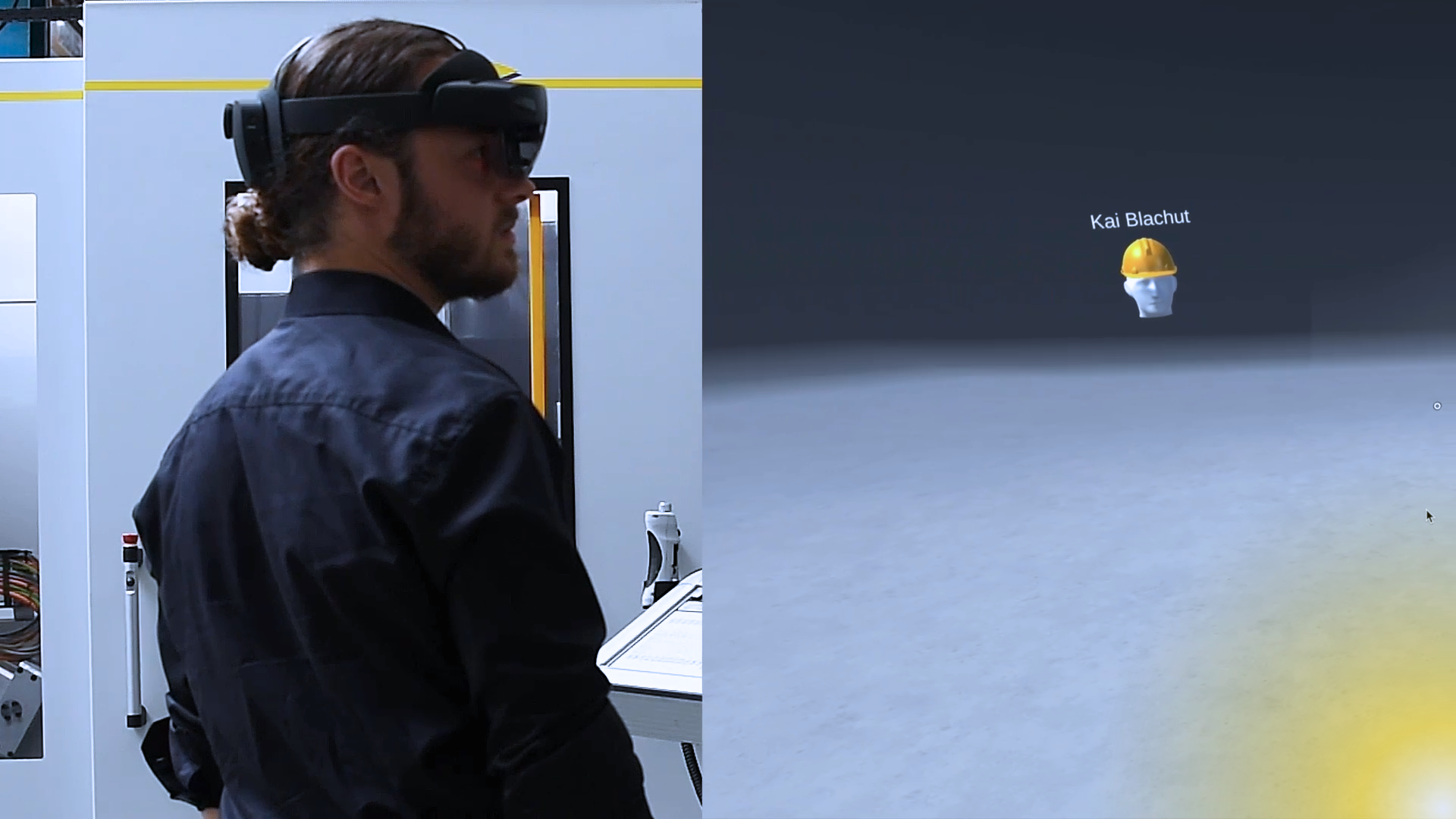 Twin.Link Plattform Ein Mann trägt ein Virtual-Reality-Headset und betrachtet eine Maschine mit Interesse.